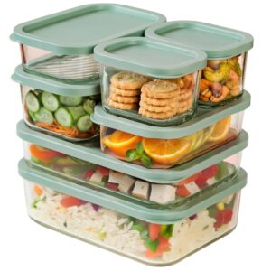 Nestasia Groovo Glass Containers with Lid Set of 7 (S-310ml x 2, M-520ml x 2, L-750ml, XL-1200ml, XXL-1700ml) Transparent Stackable Fridge Storage Box, Microwave & Dishwasher Safe (Green)